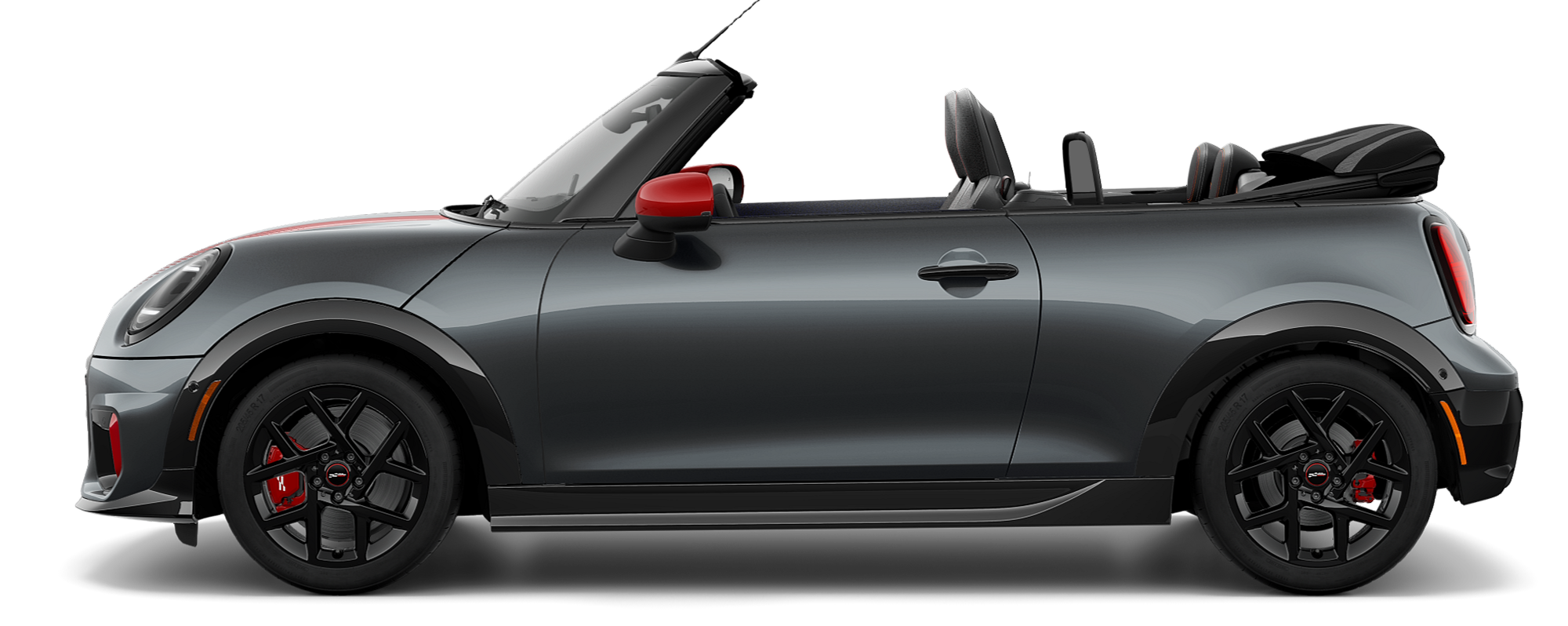 Side view of a 2025 MINI JCW Convertible in the Legend Grey body color, facing left with its shadow underneath it.