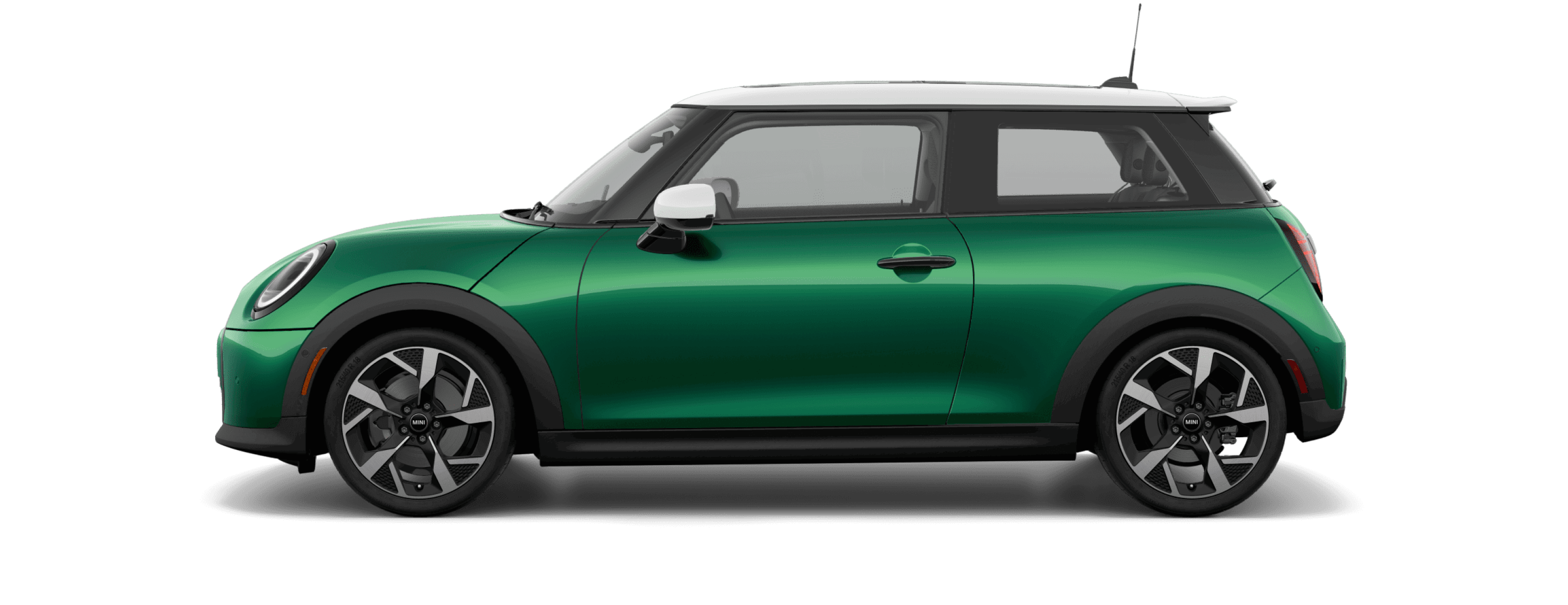 Side view of a 2025 MINI Cooper S 2 Door in the British Racing Green IV body color, facing left with its shadow underneath it.